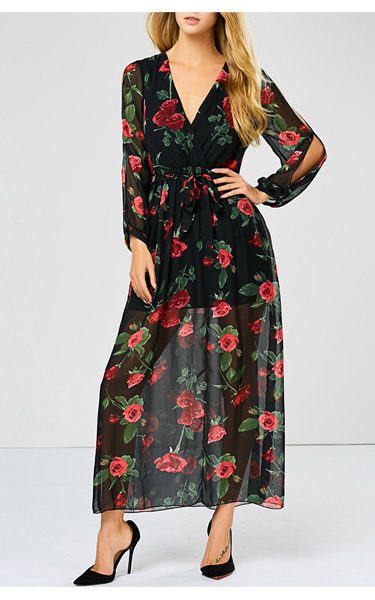 Sheer Black & Red See Through Floral Print Maxi Dress - Best Maxi Dress